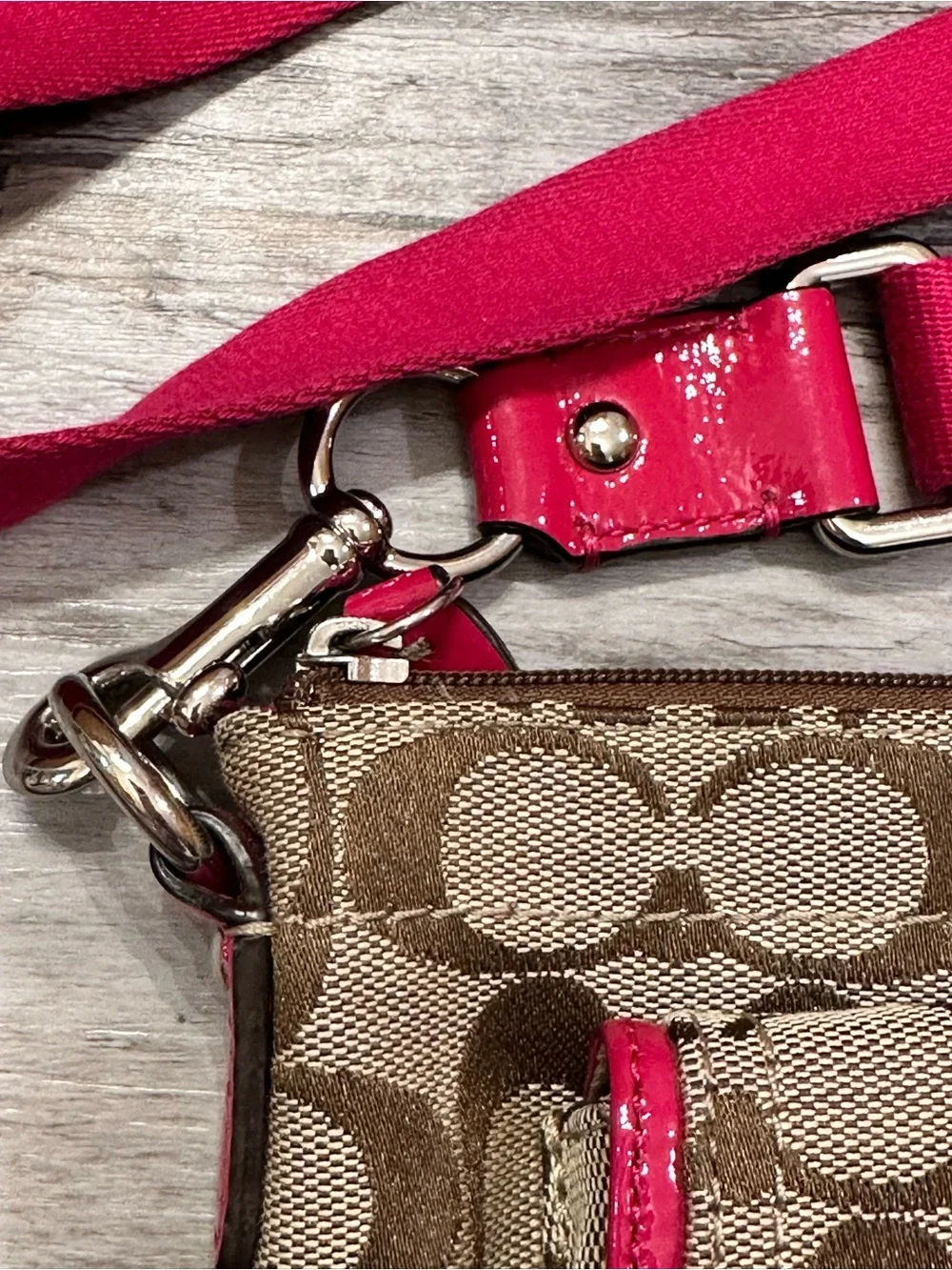 Coach Brown Signature Crossbody with Pink Trim and Strap